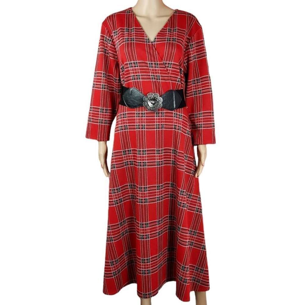 Chaus Red Plaid Maxi Dress with Black Belt